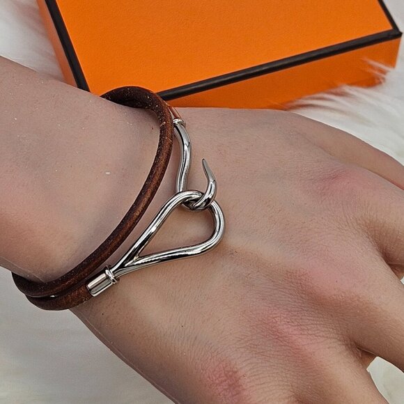 Hermès Brown Leather Silver-Tone Hook Bracelet - Picture 8 of 14